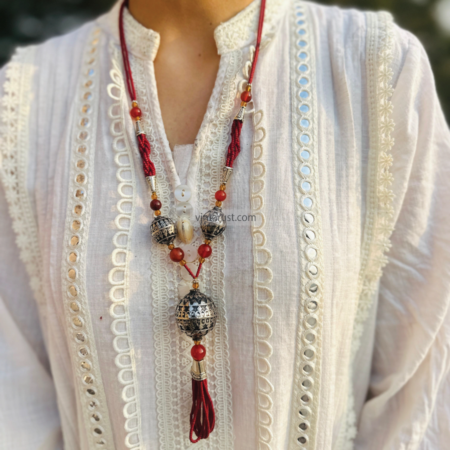 Vintage Style Tassel Necklace with Ornate Metal Beads