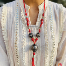 Load image into Gallery viewer, Handmade Red Beaded Necklace with Tribal Tassel Pendant
