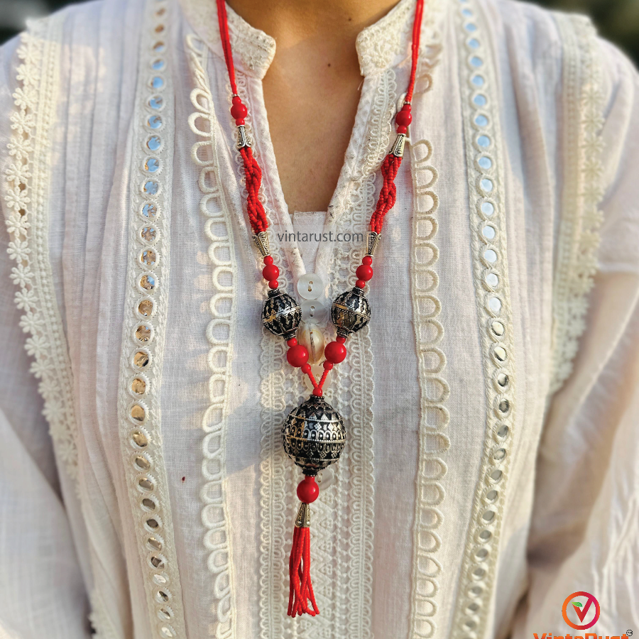 Handmade Red Beaded Necklace with Tribal Tassel Pendant