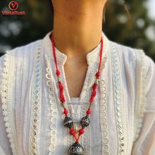 Load image into Gallery viewer, Handmade Red Beaded Necklace with Tribal Tassel Pendant
