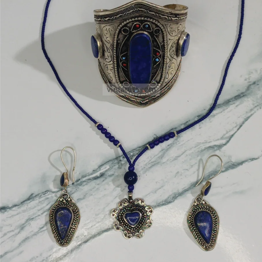 Black Friday Blue Beaded Necklace with Silver Heart Lapis Pendant