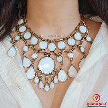 Load image into Gallery viewer, White Tribal Stone Bib Necklace, White Stone Antique Necklace
