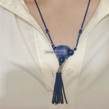 Load image into Gallery viewer, Handmade Lapis Blue Beaded Necklace with Tassel
