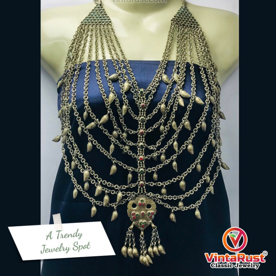 Multilayers Bib Necklace  with Massive Dangling  Pendant