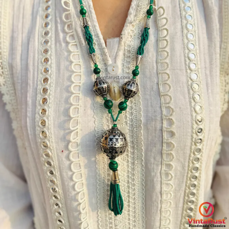 Bohemian Beaded Chain Necklace with Dangling Tassel Pendant