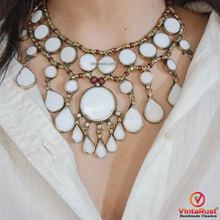 Load image into Gallery viewer, White Tribal Stone Bib Necklace, White Stone Antique Necklace
