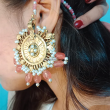 Load image into Gallery viewer, Golden Dangling Earrings with Pearl Embellishments and Pink Bead Details
