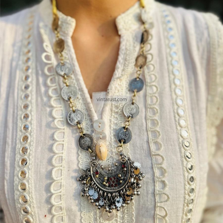 Vintage Beaded Coins Necklace With Dangling Pendant