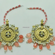 Load image into Gallery viewer, Golden Dangling Earrings with Pearl Embellishments and Pink Bead Details
