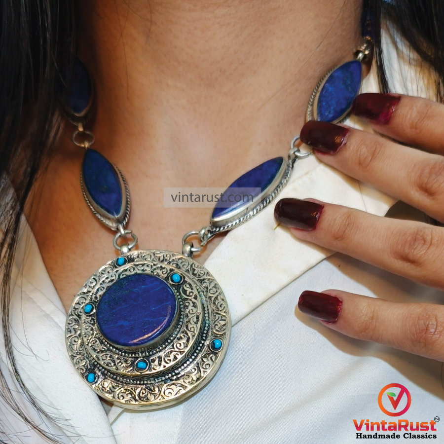 Lapis Lazuli  Stone Pendants Necklace with Earrings