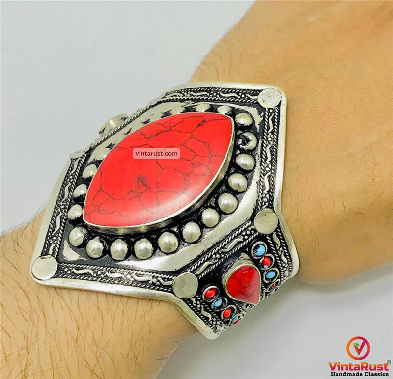 Adjustable Red Coral Gemstone Wide Bracelet