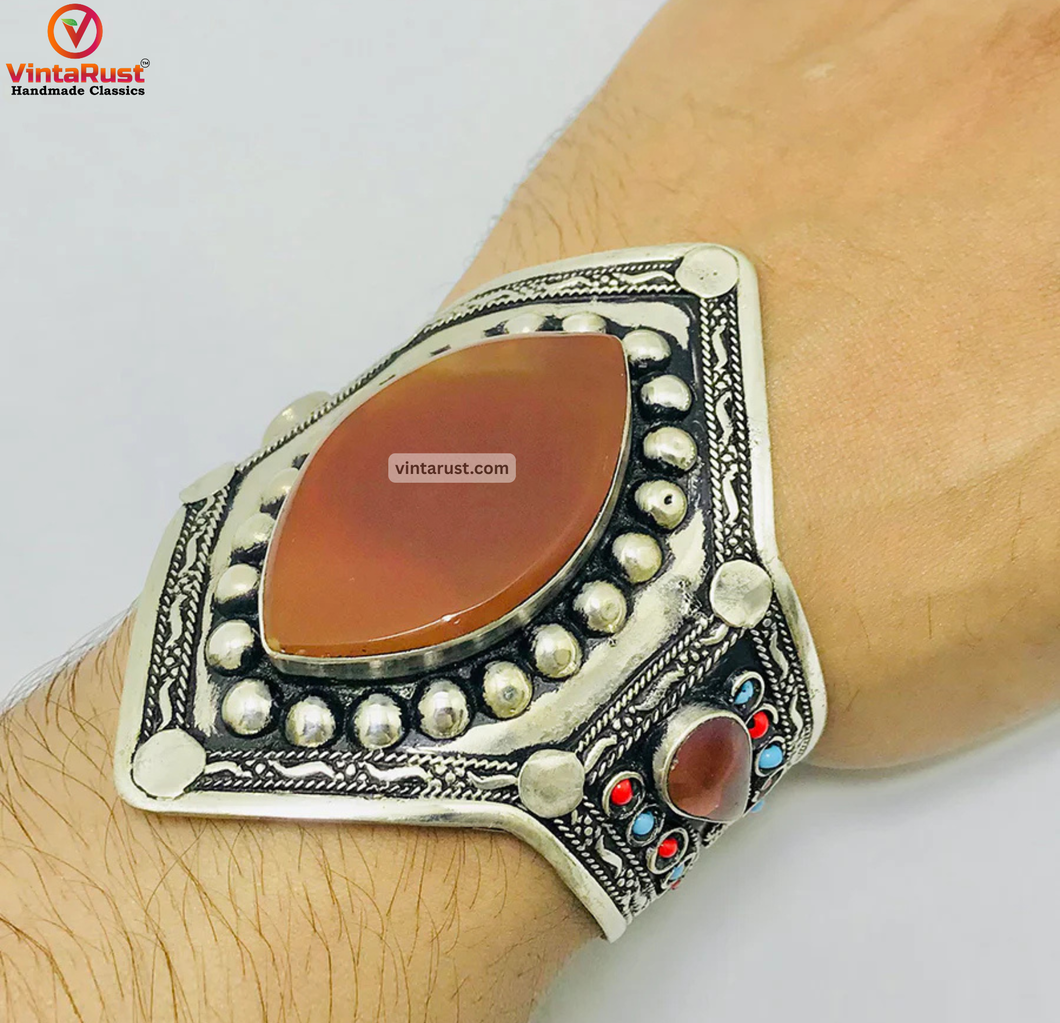 Vintage Boho Style Carnelian Stones Cuff Bracelet