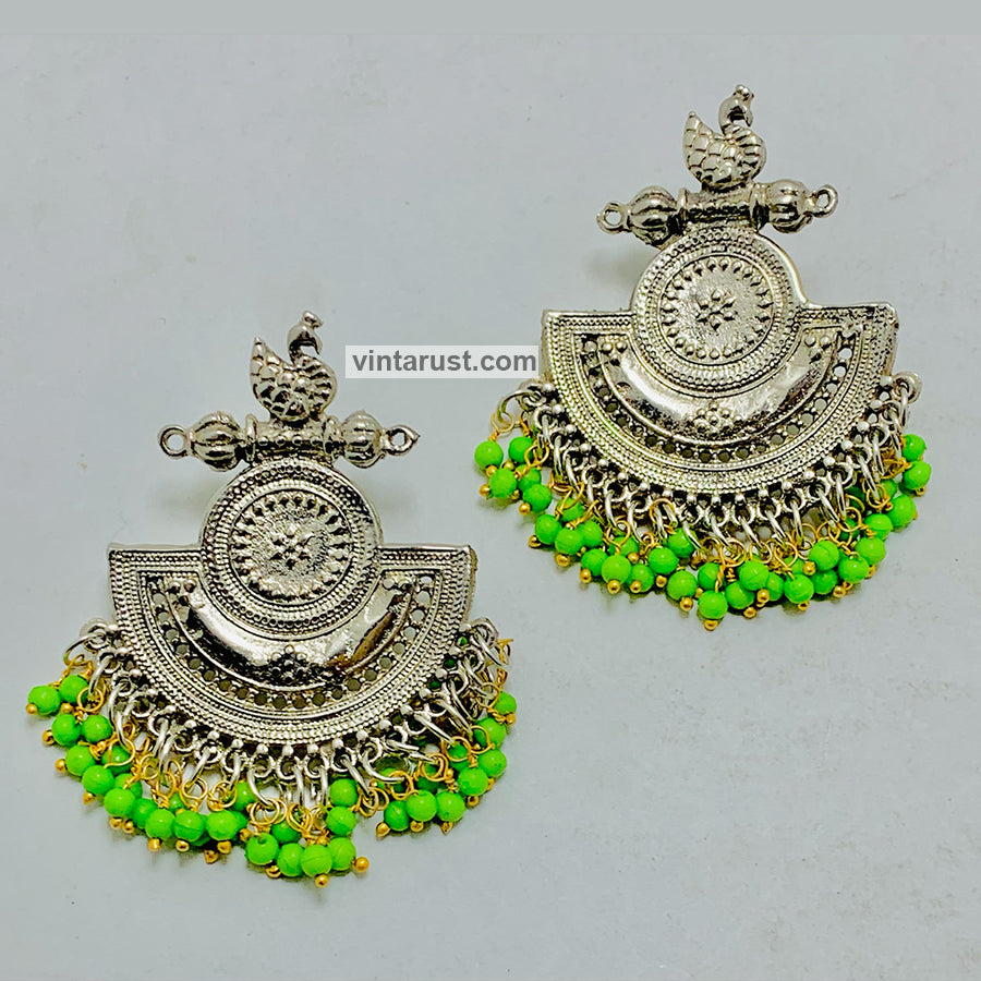 Indian Oxidized Big Earrings With Green Beads