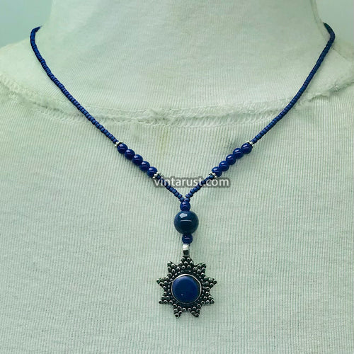 Lapis Beaded Necklace with Dangling Pendant