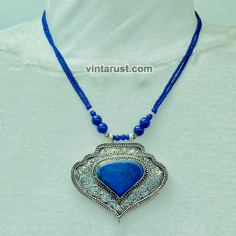 Lapis Lazuli Beaded Chain Pendant Necklace