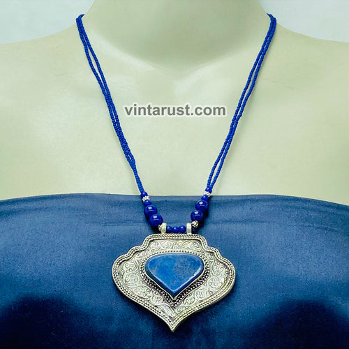 Lapis Lazuli Beaded Chain Pendant Necklace