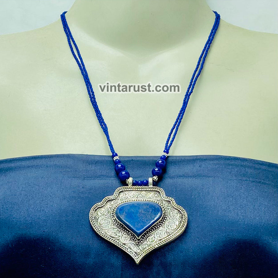 Lapis Lazuli Beaded Chain Pendant Necklace