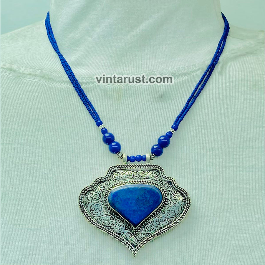 Lapis Lazuli Beaded Chain Pendant Necklace