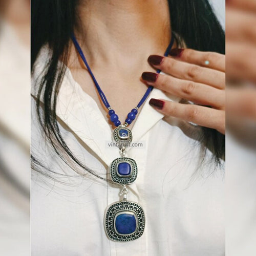 Lapis Lazuli Triple Stone Pendants Necklace