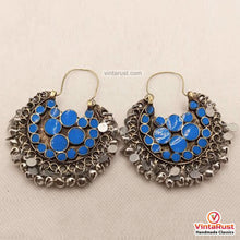 Load image into Gallery viewer, Tribal Light Weight Blue and Silver Hoop Style Earrings
