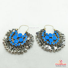 Load image into Gallery viewer, Tribal Light Weight Blue and Silver Hoop Style Earrings
