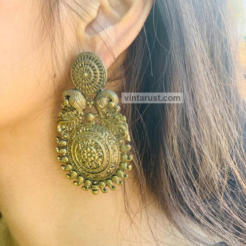 Vintage Massive Golden Tone Tribal Earrings