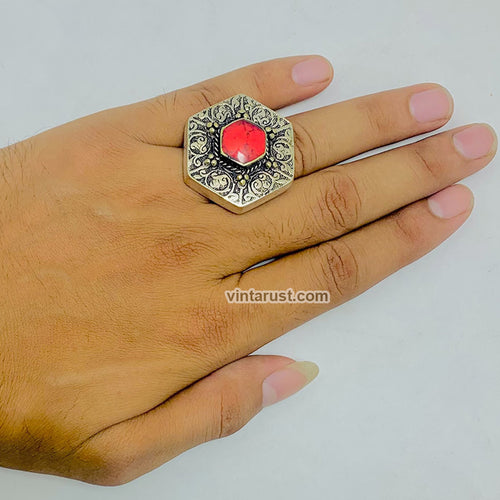 Massive Turkmen Tribal Coral Stone Ring