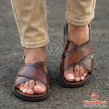 Load image into Gallery viewer, Men’s Brown Leather Cross-Strap Sandals
