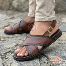 Load image into Gallery viewer, Men’s Brown Leather Cross-Strap Sandals
