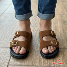 Load image into Gallery viewer, Men's Brown Suede Double Buckle Slides
