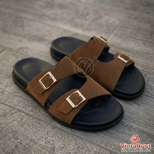 Load image into Gallery viewer, Men's Brown Suede Double Buckle Slides

