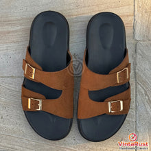 Load image into Gallery viewer, Men's Brown Suede Double Buckle Slides
