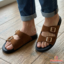 Load image into Gallery viewer, Men's Brown Suede Double Buckle Slides
