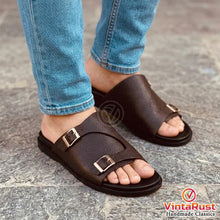 Load image into Gallery viewer, Men's Brown Leather Double Buckle Slide Sandals
