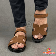 Load image into Gallery viewer, Men's Brown Suede Cutout Slide Sandals

