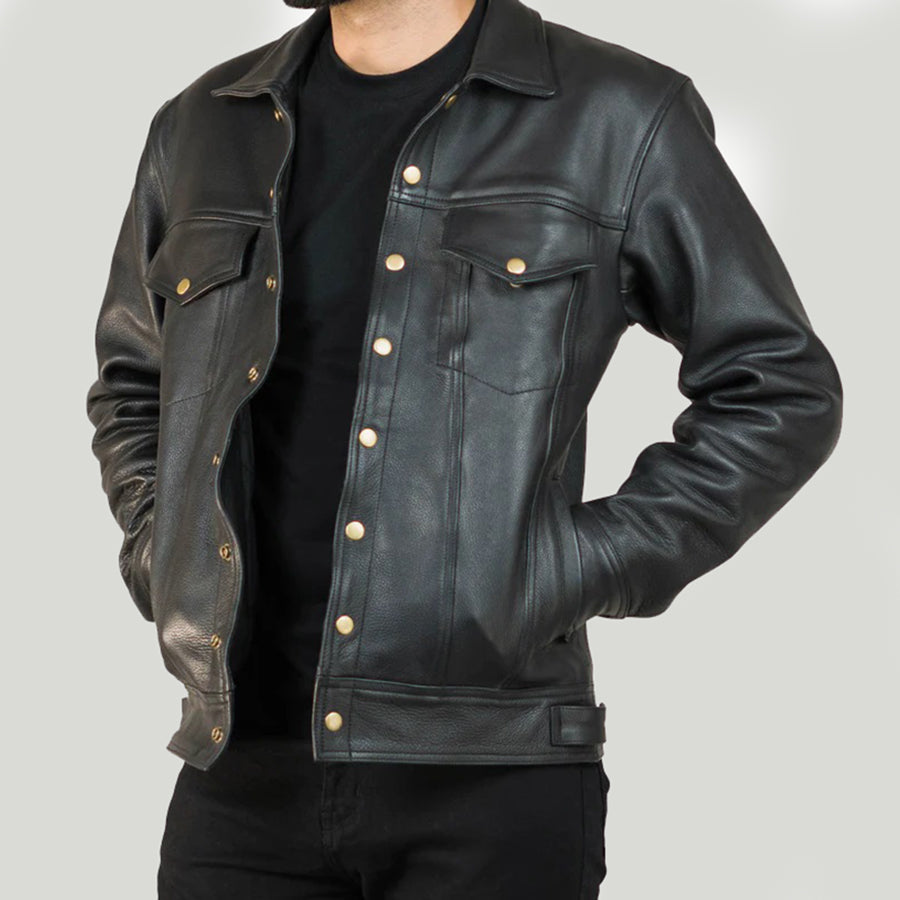 Men's Chest Pockets Leather Jacket with Collar