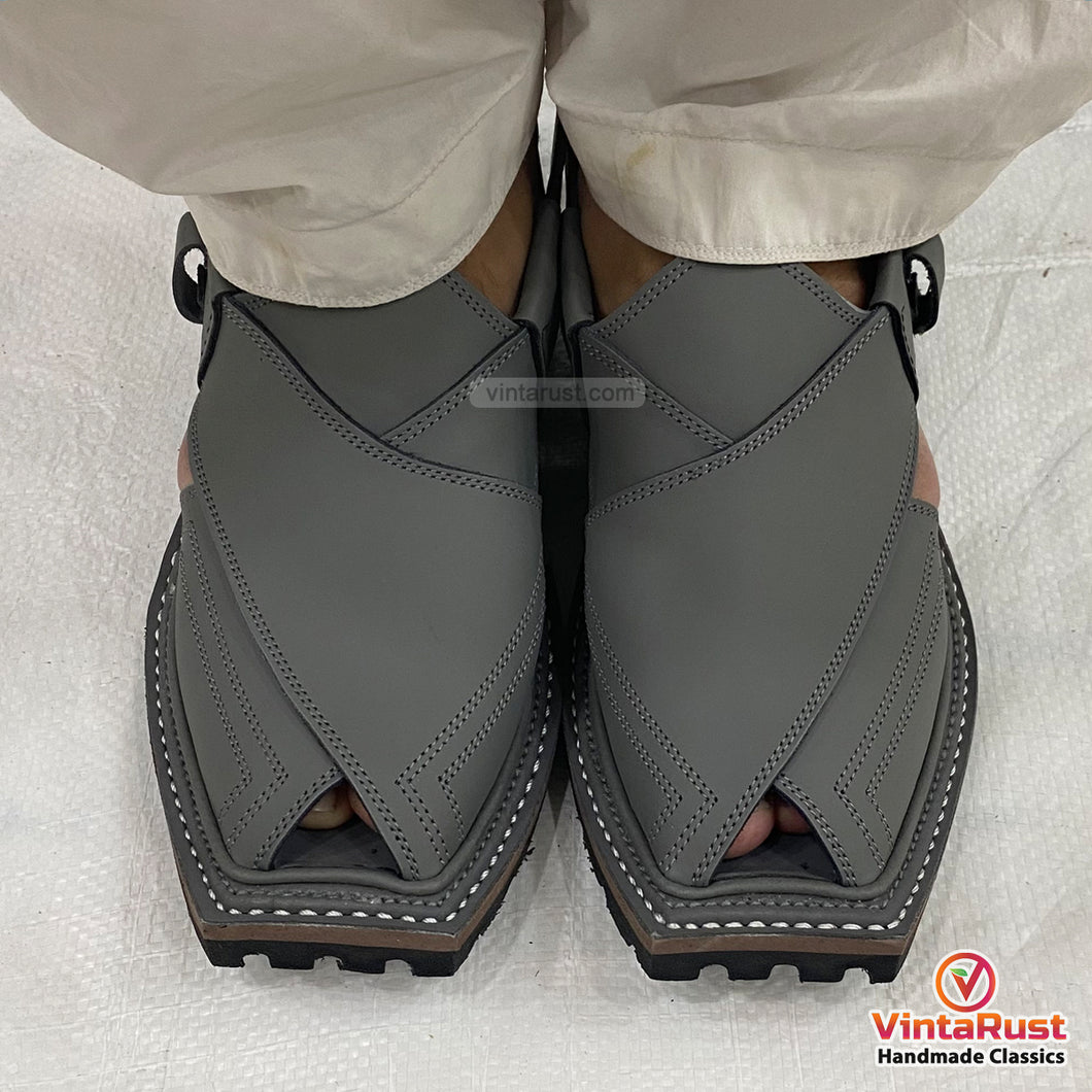 Men's Classic Grey Leather Peshawari Chappal