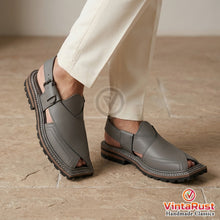 Load image into Gallery viewer, Men's Classic Grey Leather Peshawari Chappal

