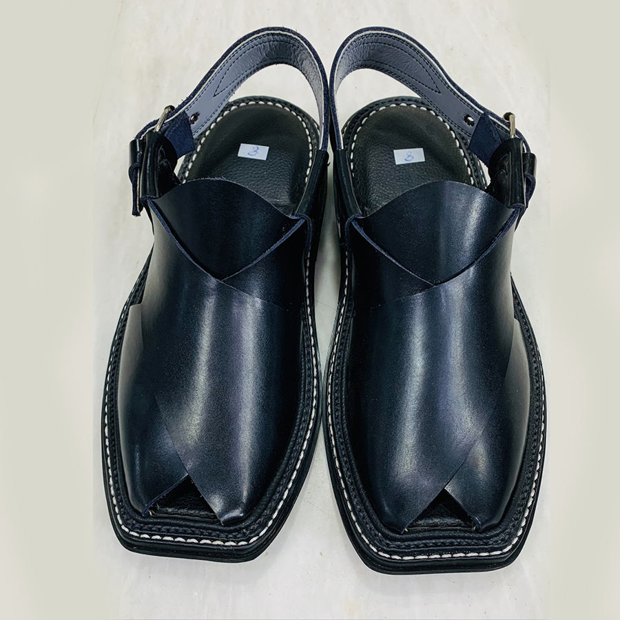 Men's Shine Black Peshawari Leather Chappal