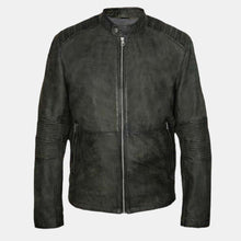 Load image into Gallery viewer, Men&#39;s Vintage Green Genuine Leather Racer Jacket

