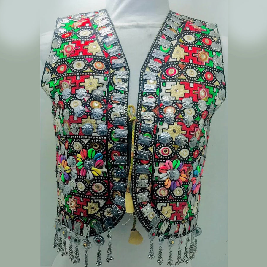 Multicolor Handmade Vest With Silver Motifs and Shells