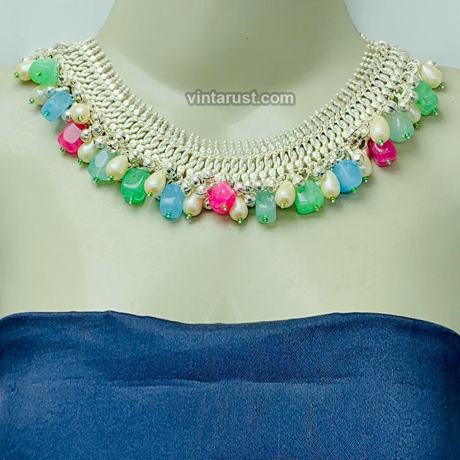 Multicolor Stones Choker Necklace With Pearls