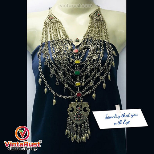 Multilayers Bib Necklace With Dangling Massive Pendant and Tassels