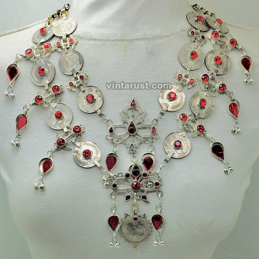 Multilayers Coins Necklace With Red Glass Stone