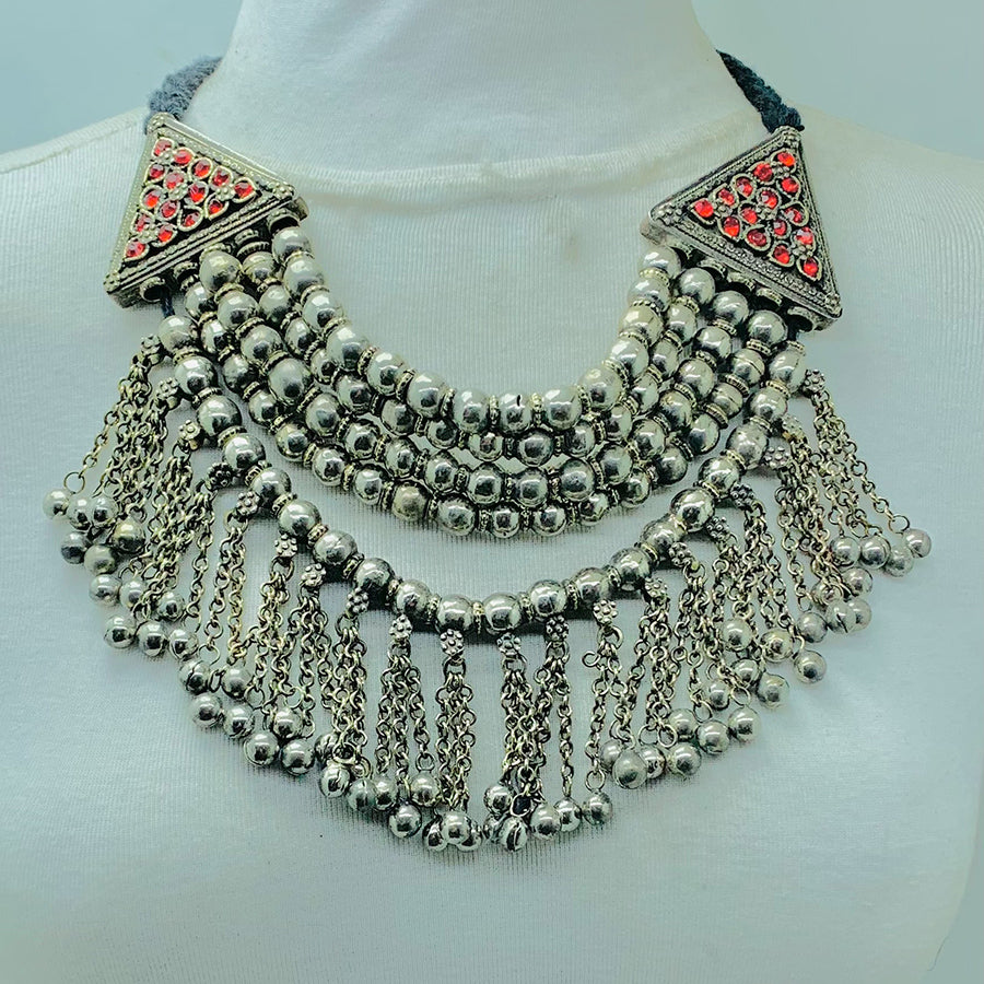 Multilayers Silver Metallic Beaded Choker Necklace