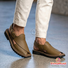 Load image into Gallery viewer, Olive Green Leather Peshawari Sandals for Men's
