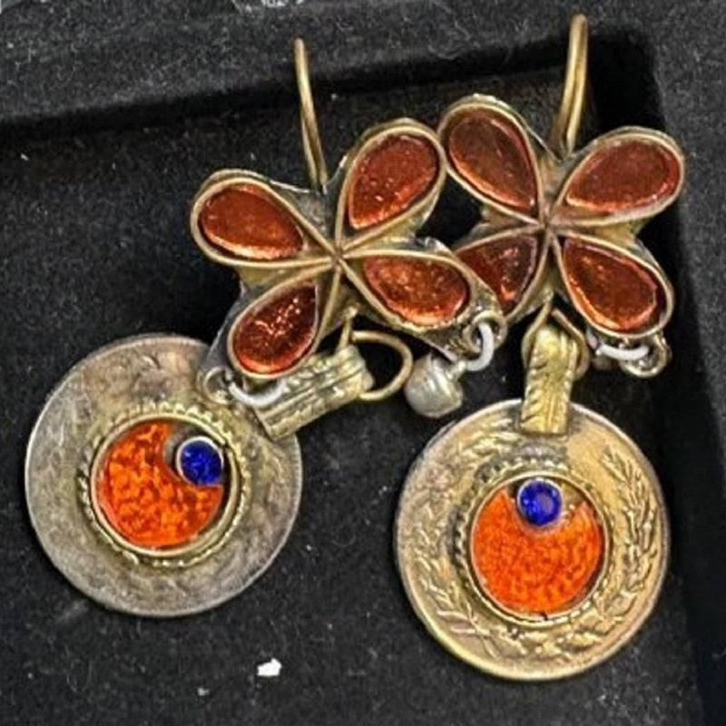 Orange Glass Stone Coins Earrings