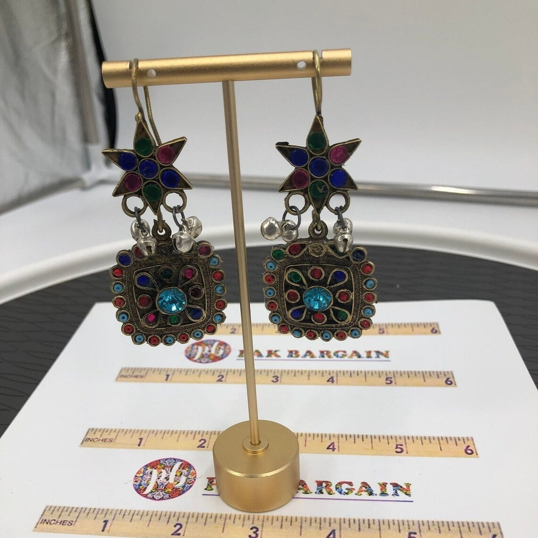 Oversized Dangle Earrings With Multicolor Glass Stones