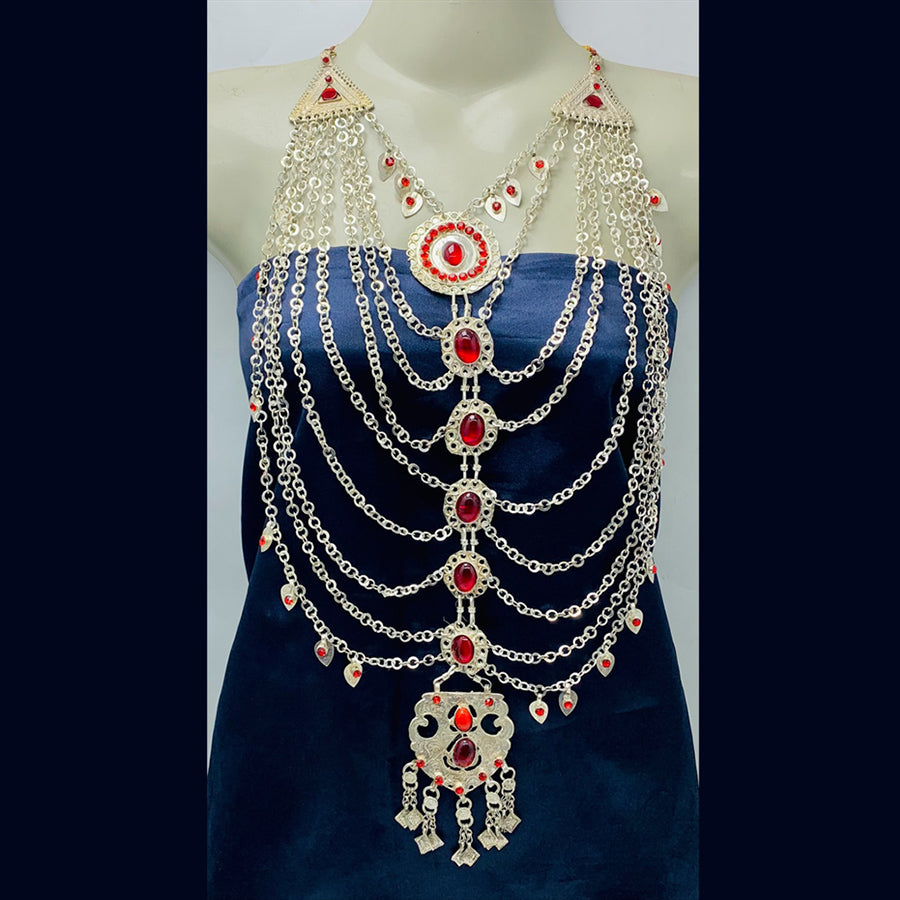 Oversized Layered Necklace With Red Glass Stones
