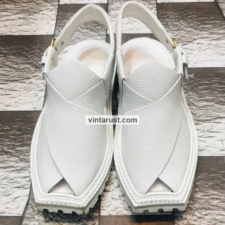 Premium White Handmade Leather Kaptaan Chappal